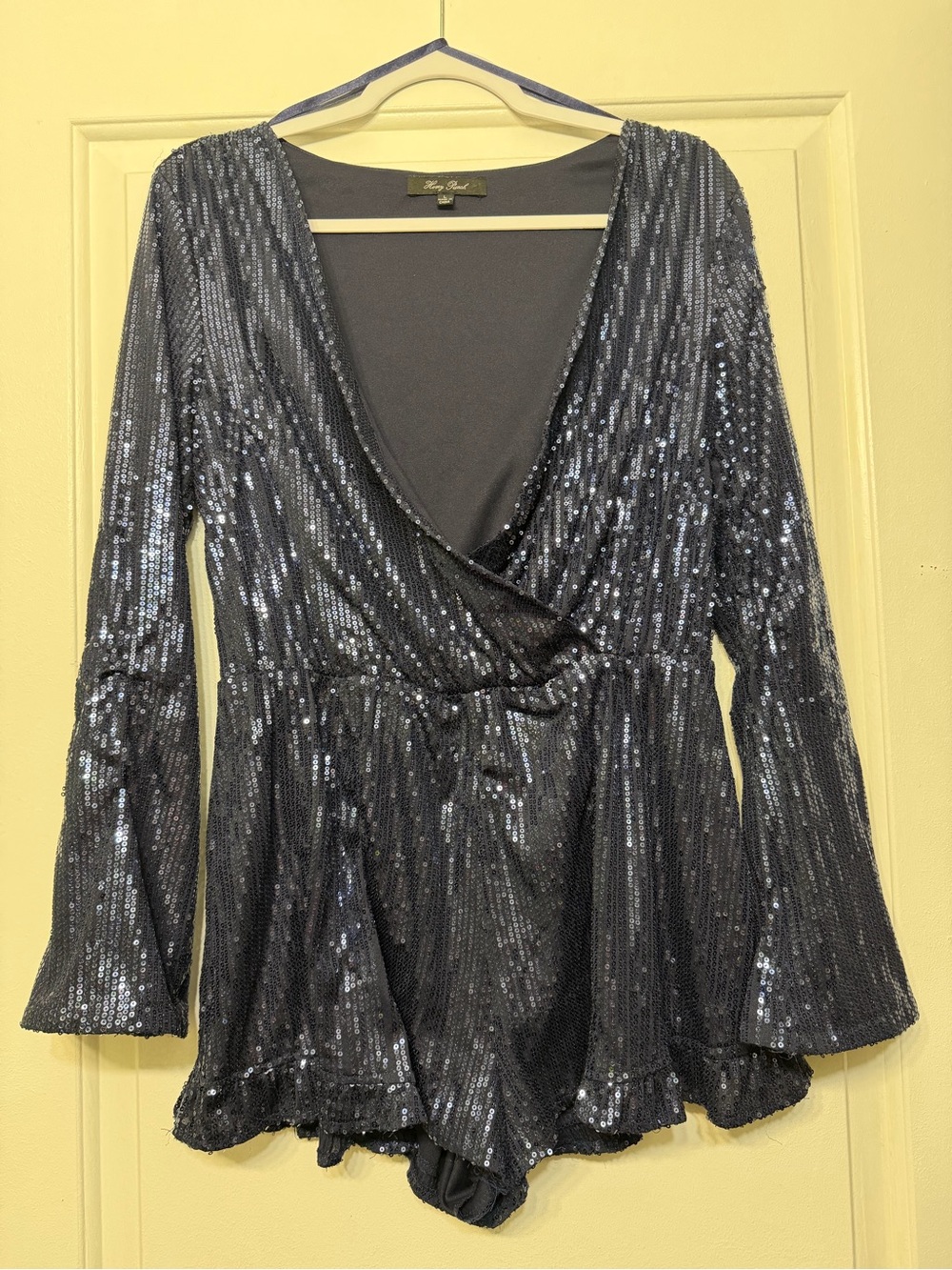 Lucy Paris Black Navy Sequin Wrap Bodysuit